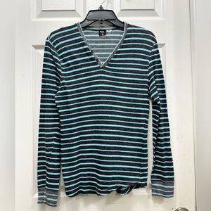 BDG Men's Black and Teal Striped V-Neck Sweater UNISEX